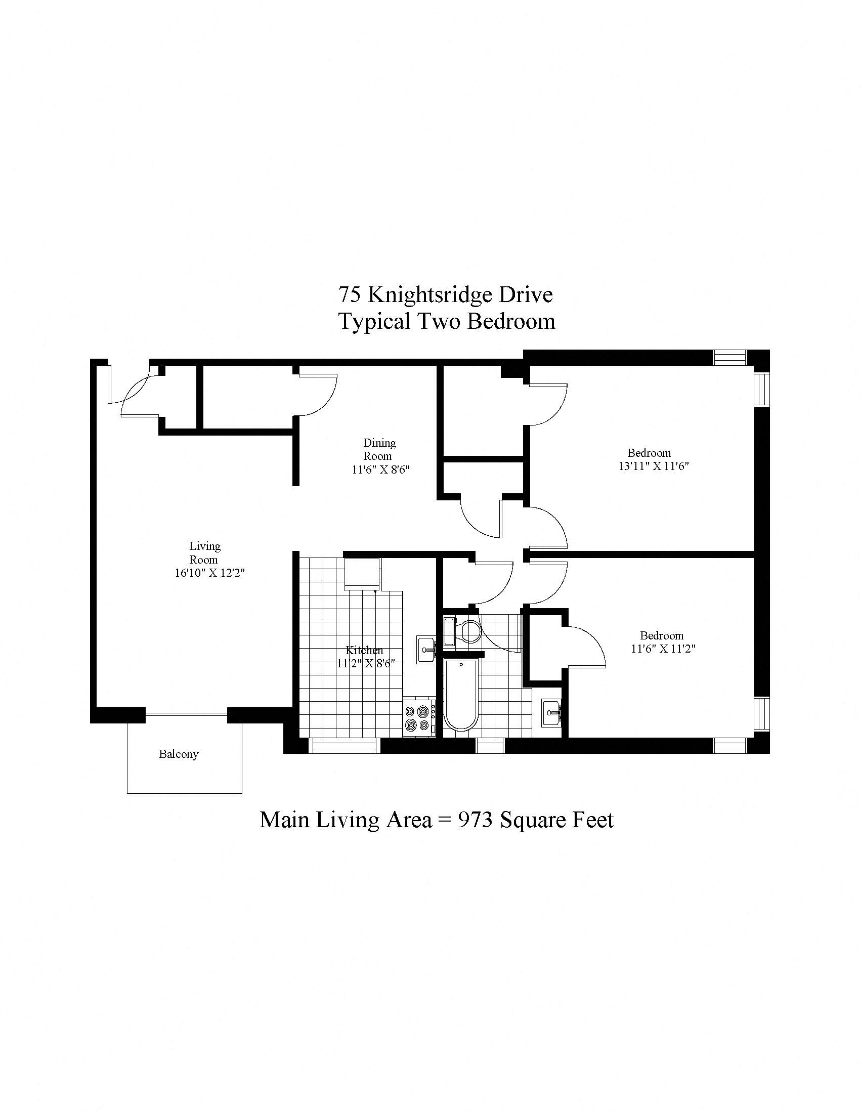 Floor plan for 2 beds, 1 bath, 973 sqft
